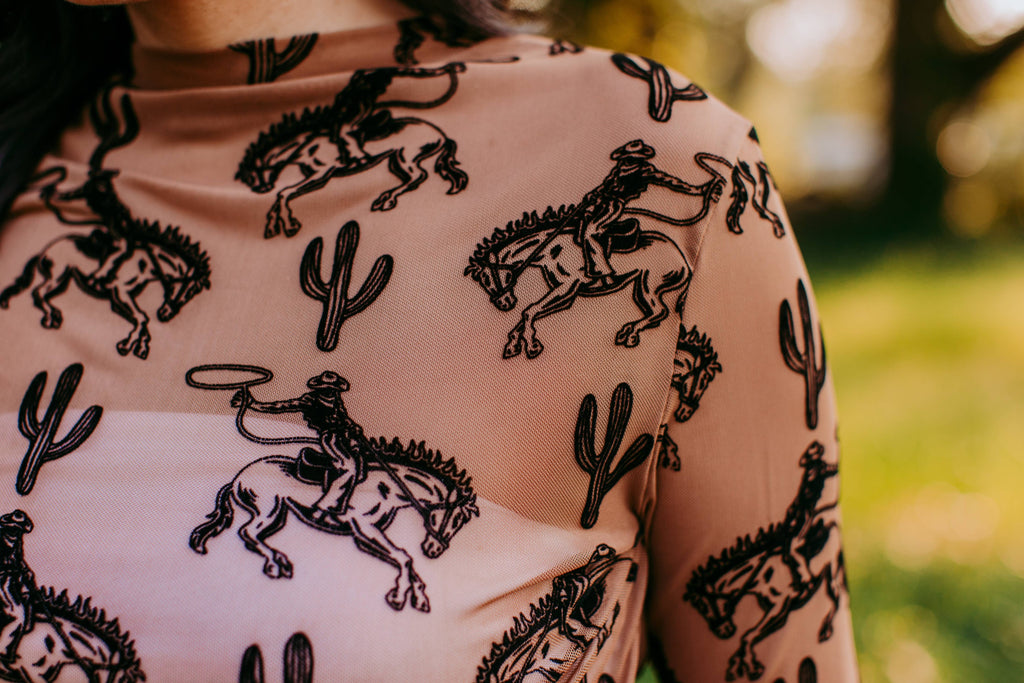 Velvet Cactus & Cowboys Brown Mesh Top – Western Print 3D Cactus & Cowboy Design