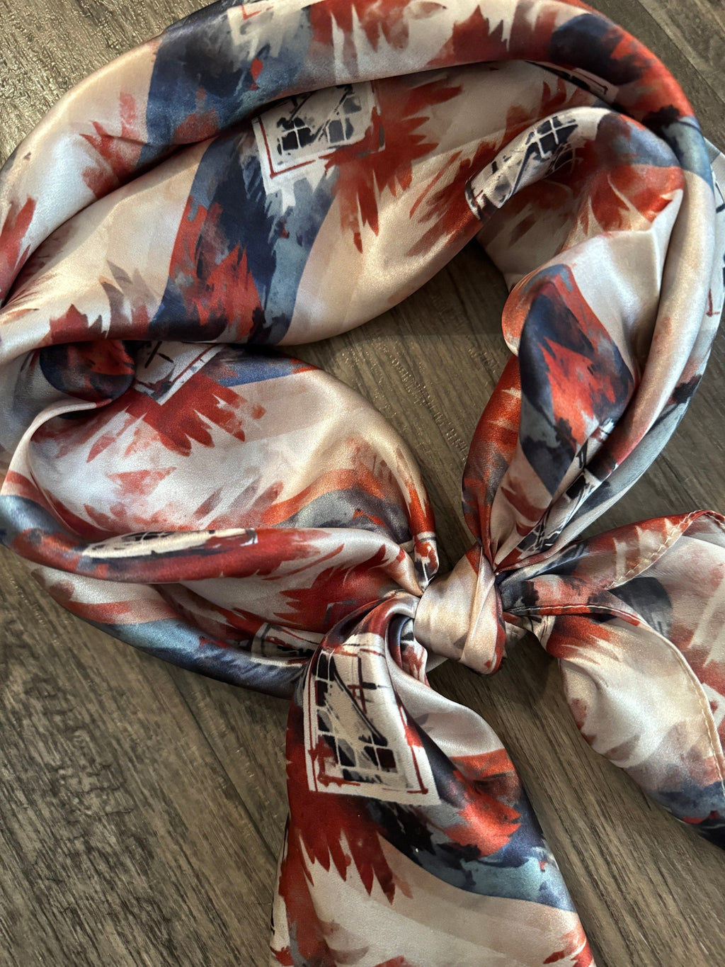 Silk Wild Rag Navy Blue Copper Ivory watercolor tribal print by Double B Wild Rags