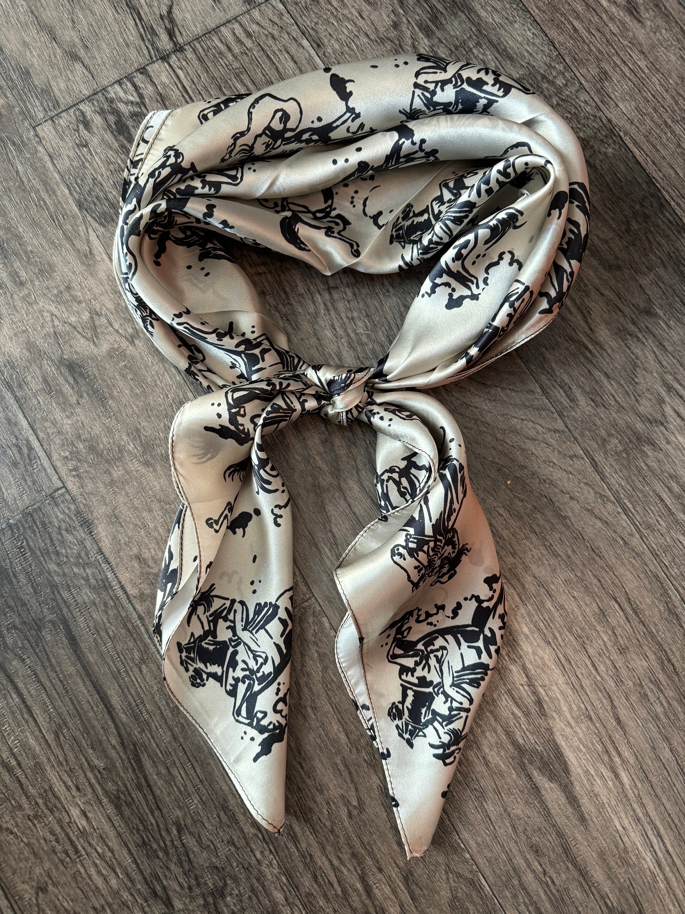 100% Silk Wild Rag “Ride ‘em Cowgirl” black and tan by Double B Wild Rags