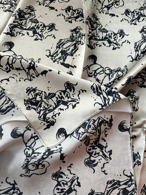 100% Silk Wild Rag “Ride ‘em Cowgirl” black and tan by Double B Wild Rags
