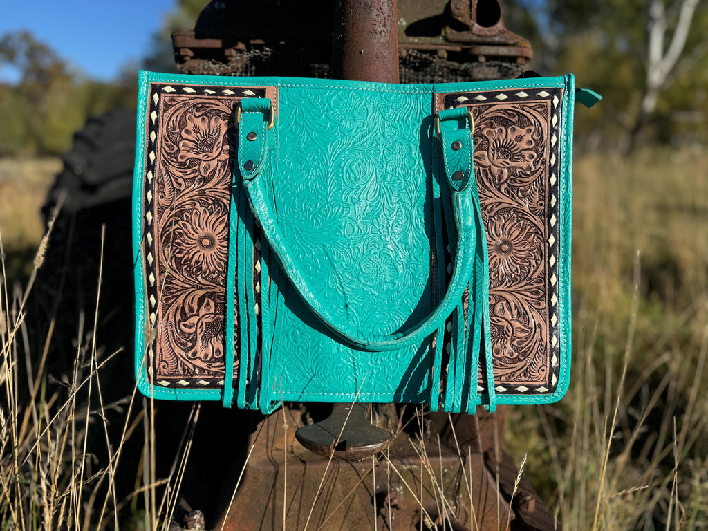 Genuine Western Leather Turquoise laptop messenger briefcase bag with tooled and embossed leather  by Double B Wild Rags CONCEAL and CARRY