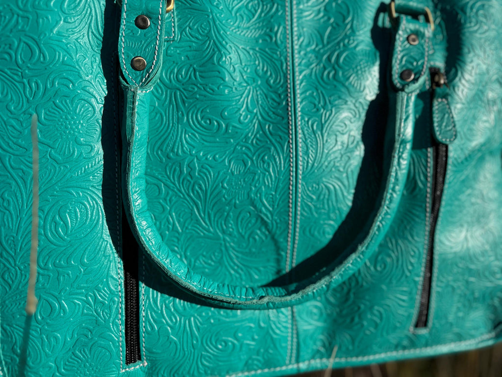 Genuine Western Leather Turquoise laptop messenger briefcase bag with tooled and embossed leather  by Double B Wild Rags CONCEAL and CARRY