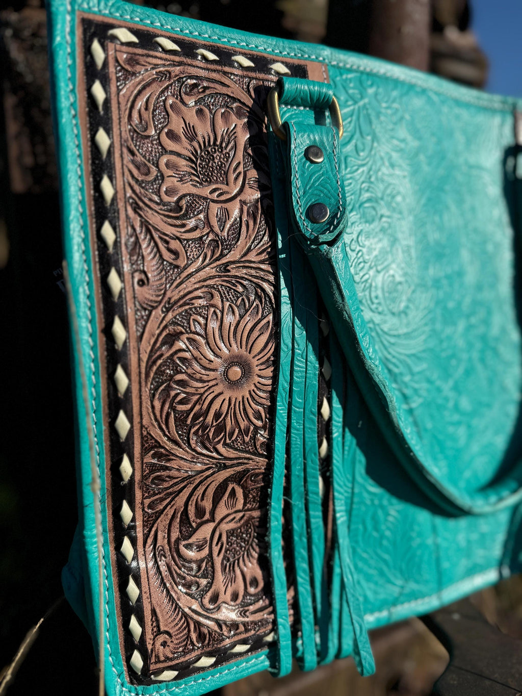 Genuine Western Leather Turquoise laptop messenger briefcase bag with tooled and embossed leather  by Double B Wild Rags CONCEAL and CARRY