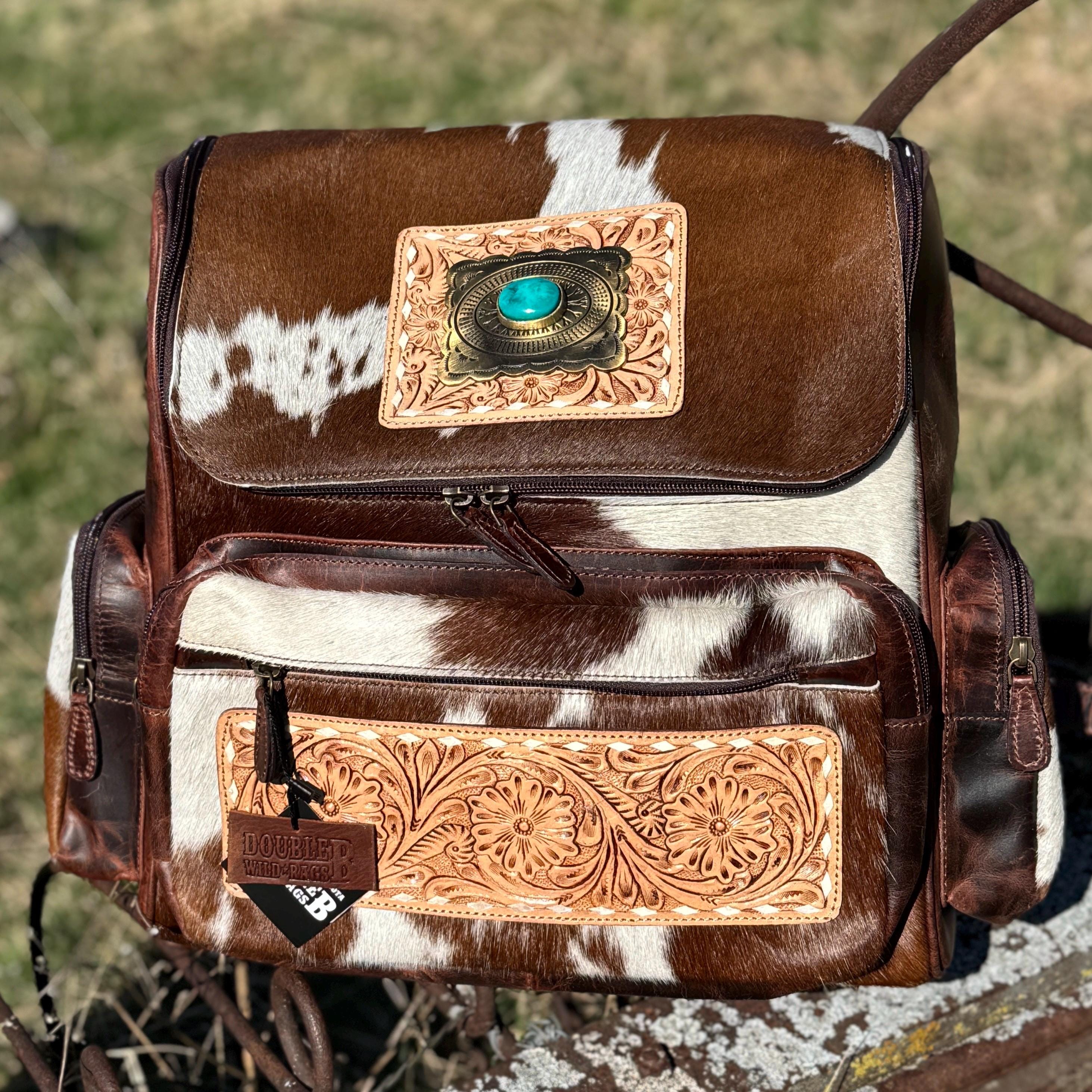 Genuine Western Cowhide Leather Backpack Diaper Bag Personal Item carry-on luggage