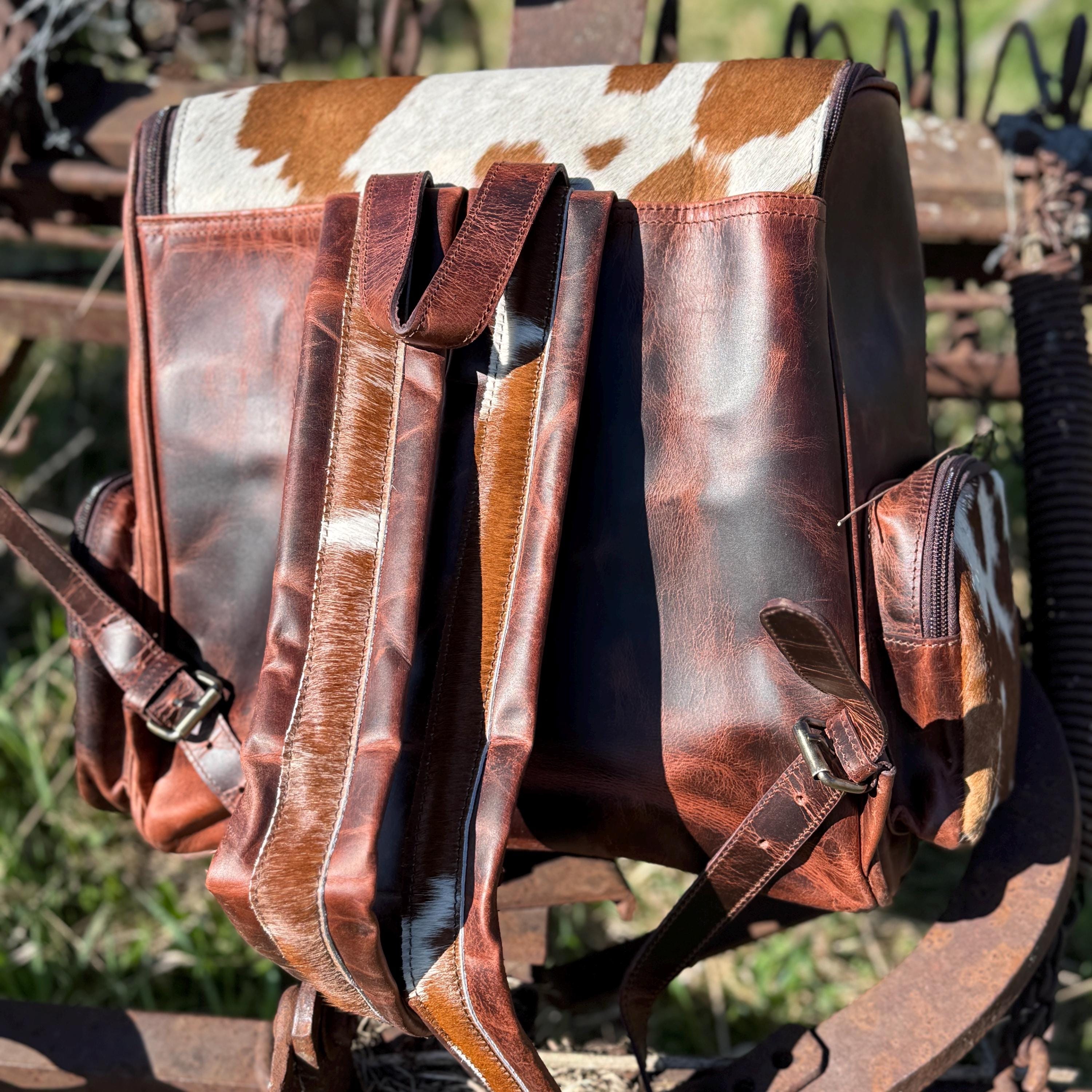 Genuine Western Cowhide Leather Backpack Diaper Bag Personal Item carry-on luggage