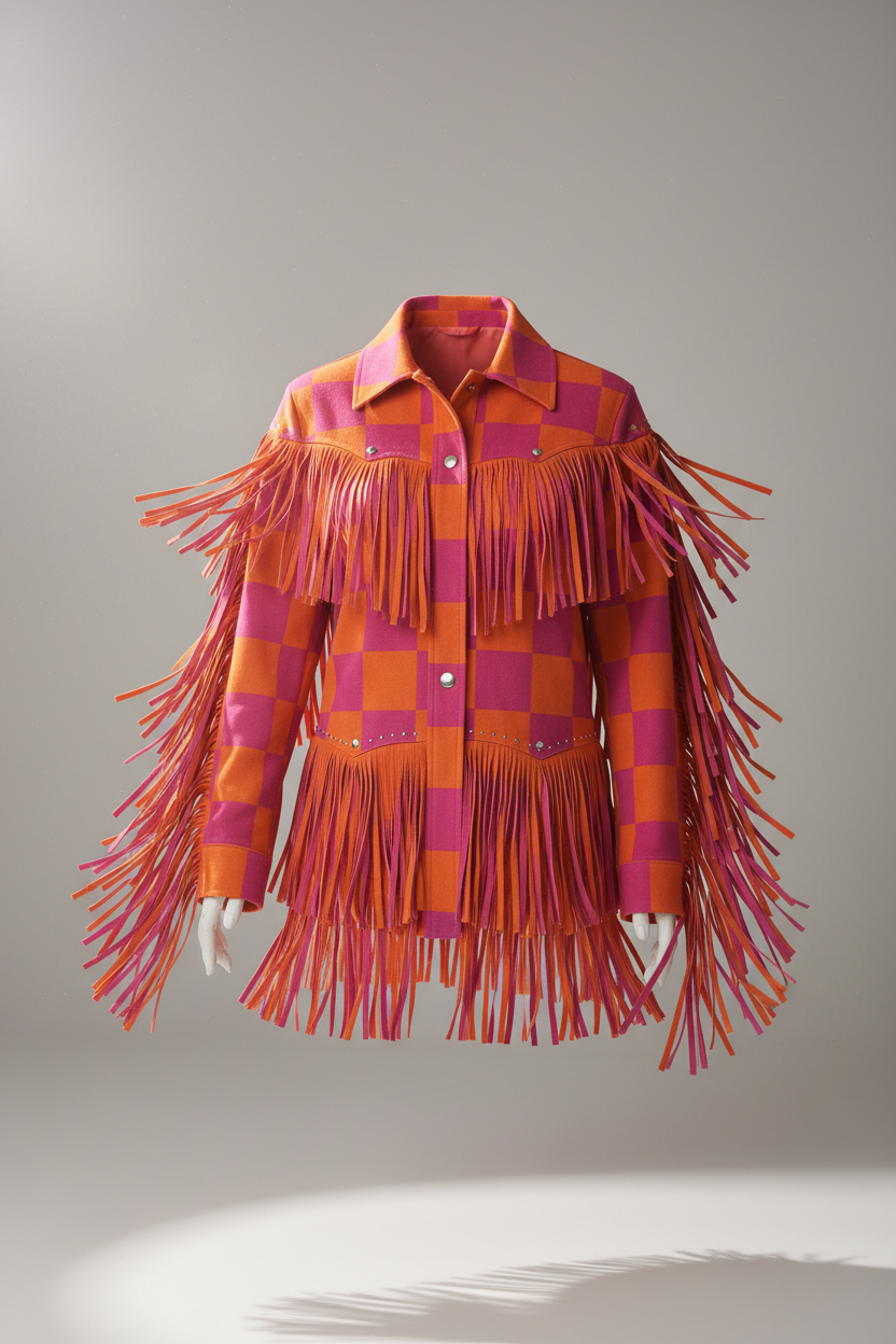 Orange and hot pink western fringe jacket with checkered pattern accents
